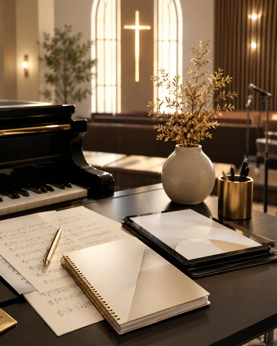 Sheet music and a worship-planning notebook at a piano.