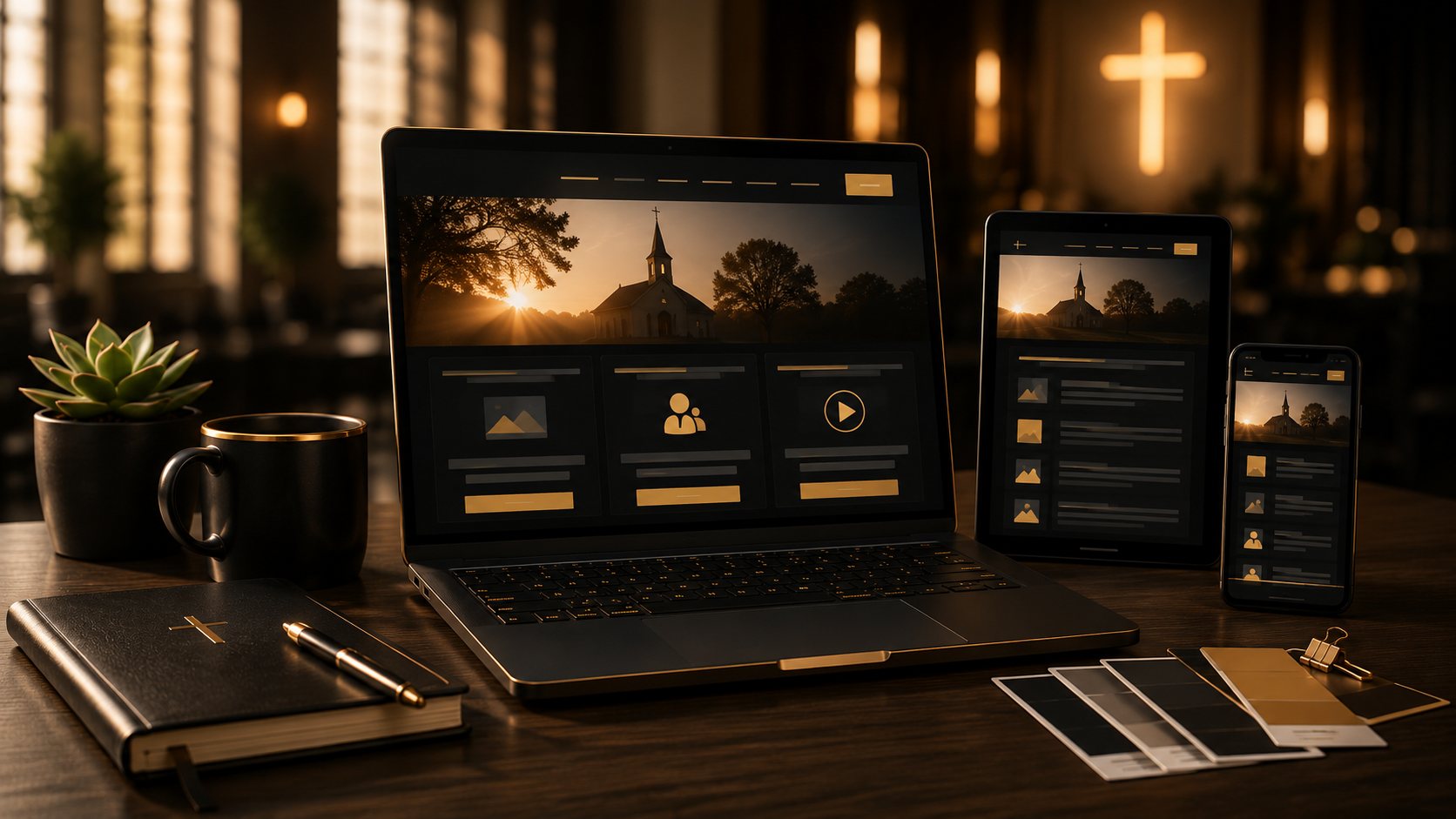 Websites displayed across laptop, tablet, and phone.